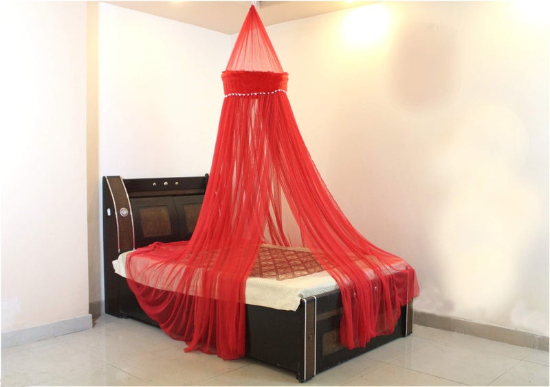 Creative Textiles Ceiling Hanging Mosquito Net I Machardani for Double Bed King Size I Polyster Canopy Circular Curtain for Bedroom I Keeps Away Insects and Flies - Red - Image 1