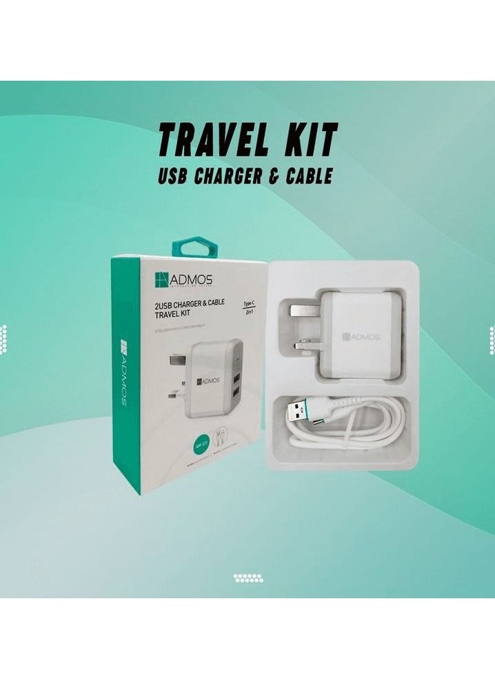 Admos - ADMOS 2 in 1 USB Charger Adapter. Fast Charging DC 5V 3.1A Cable Travel Kit Type-C Dual USB Port AM-025 - Image 1