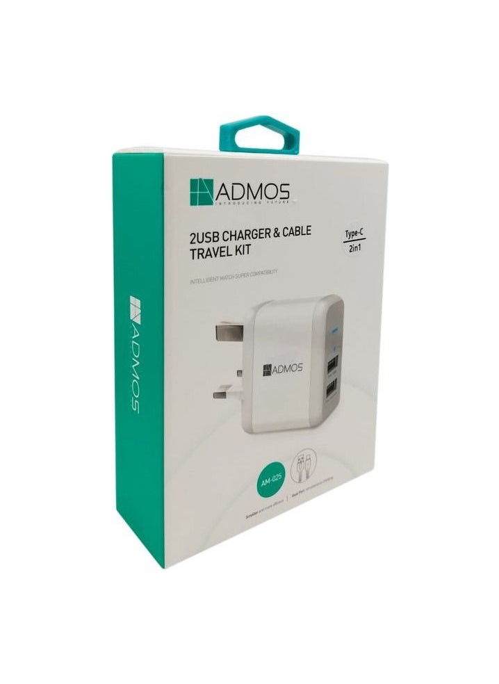 Admos - ADMOS 2 in 1 USB Charger Adapter. Fast Charging DC 5V 3.1A Cable Travel Kit Type-C Dual USB Port AM-025 - Image 1