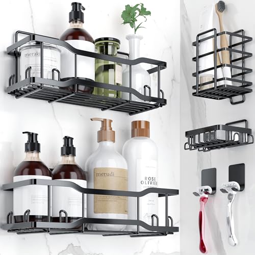 Tribal Cooking Shower Caddy Bathroom Shelves, The Athena Silken 4 Set, 40LB Capacity, Adhesive Tape No Drill - Rustproof -Gorgeous Powder Coated 304 Stainless Steel Shower Organizer for kitchen & Home Decor - Black - Image 1