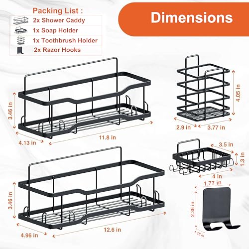 Tribal Cooking Shower Caddy Bathroom Shelves, The Athena Silken 4 Set, 40LB Capacity, Adhesive Tape No Drill - Rustproof -Gorgeous Powder Coated 304 Stainless Steel Shower Organizer for kitchen & Home Decor - Black - Image 3