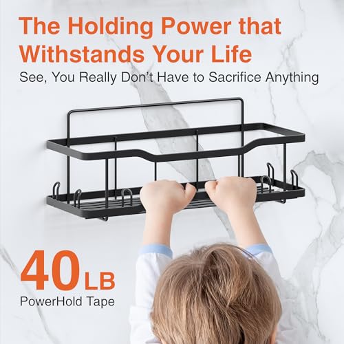 Tribal Cooking Shower Caddy Bathroom Shelves, The Athena Silken 4 Set, 40LB Capacity, Adhesive Tape No Drill - Rustproof -Gorgeous Powder Coated 304 Stainless Steel Shower Organizer for kitchen & Home Decor - Black - Image 5