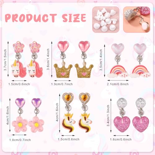 MAYCREATE® 6Pairs Earinging for Girls Stylish Clip On Earrings for Non Pierced Ears, Cartoon Cute Resin Unicorn Flower Heart Non Pierced Earrings for Kids Pretend Play Party Favor Dressing Up Jewelry - Image 2