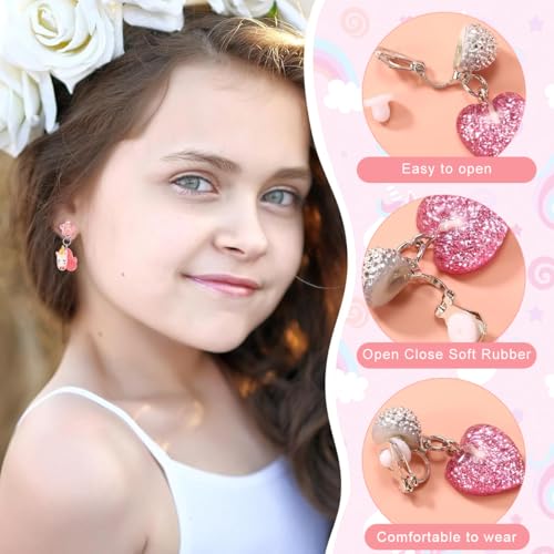 MAYCREATE® 6Pairs Earinging for Girls Stylish Clip On Earrings for Non Pierced Ears, Cartoon Cute Resin Unicorn Flower Heart Non Pierced Earrings for Kids Pretend Play Party Favor Dressing Up Jewelry - Image 3