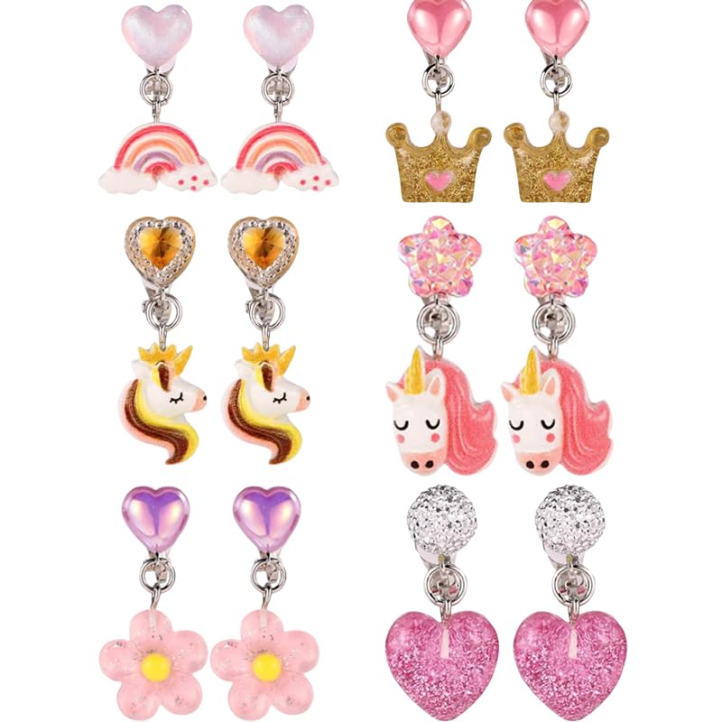 MAYCREATE® 6Pairs Earinging for Girls Stylish Clip On Earrings for Non Pierced Ears, Cartoon Cute Resin Unicorn Flower Heart Non Pierced Earrings for Kids Pretend Play Party Favor Dressing Up Jewelry - Image 1