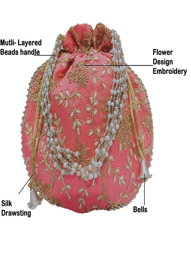 athizay Wedding Return gifting potli combo of 6 pieces || drawstring closure ||,medium size || fits large mobile phone (Orange,Pink,Red) - Image 4