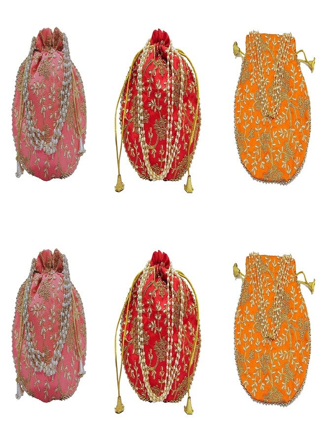 athizay Wedding Return gifting potli combo of 6 pieces || drawstring closure ||,medium size || fits large mobile phone (Orange,Pink,Red) - Image 1