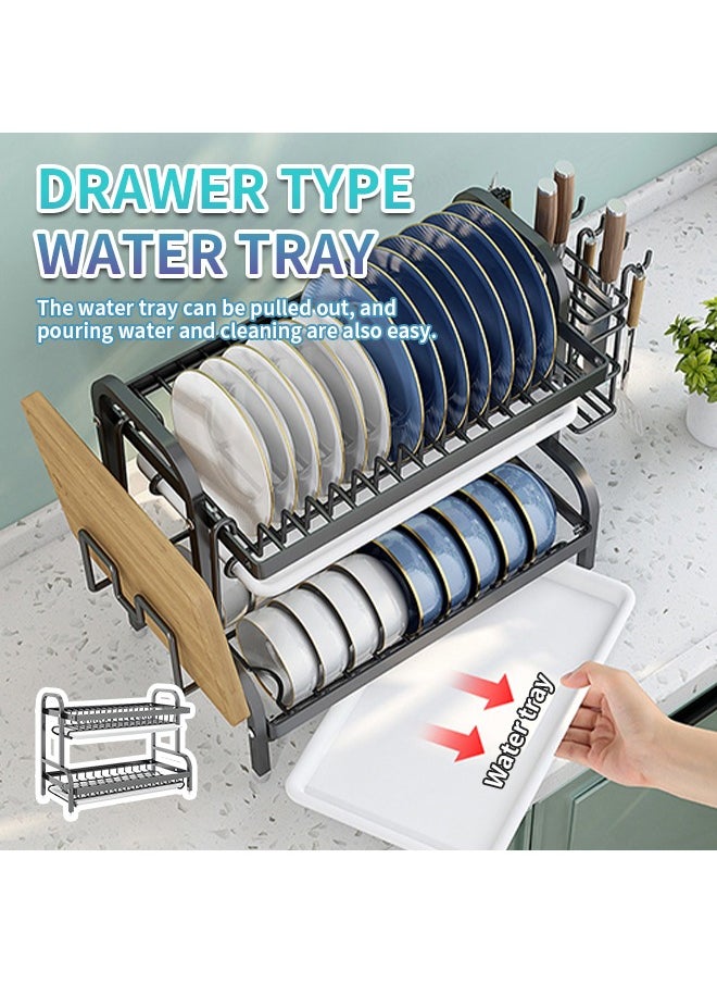 2-Tier Dish Drying Rack with Drainboard, Stainless Steel Kitchen Dish Drainer, Ideal Countertop Organizer