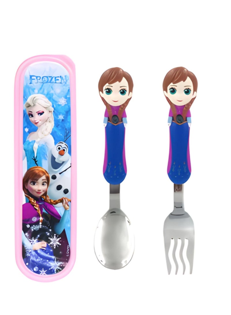 ديزني طقم ملاعق وشوك للأطفال من آنا المجمدة مع حقيبة – أدوات مائدة من الفولاذ المقاوم للصدأ للأطفال، تصميم كرتوني، طقم سفر خالٍ من مادة BPA - Image 1