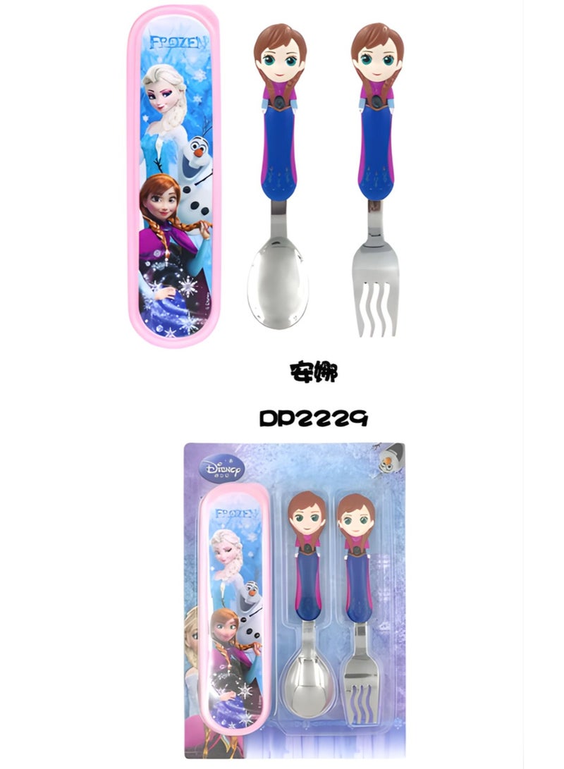 ديزني طقم ملاعق وشوك للأطفال من آنا المجمدة مع حقيبة – أدوات مائدة من الفولاذ المقاوم للصدأ للأطفال، تصميم كرتوني، طقم سفر خالٍ من مادة BPA - Image 3