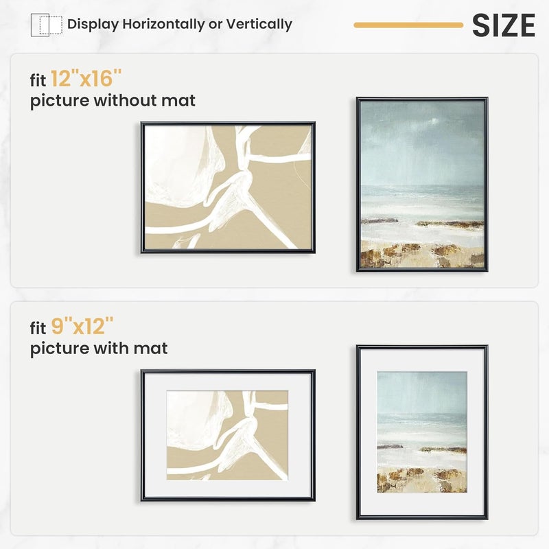 FLYJOE 12x16 Picture Frame, Display Pictures 9x12 with Mat or 12x16 Without Mat, Wall Hanging Photo Frame, Black, 3 Pack - Image 3