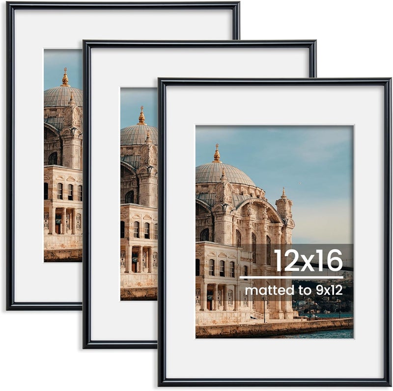 FLYJOE 12x16 Picture Frame, Display Pictures 9x12 with Mat or 12x16 Without Mat, Wall Hanging Photo Frame, Black, 3 Pack - Image 1