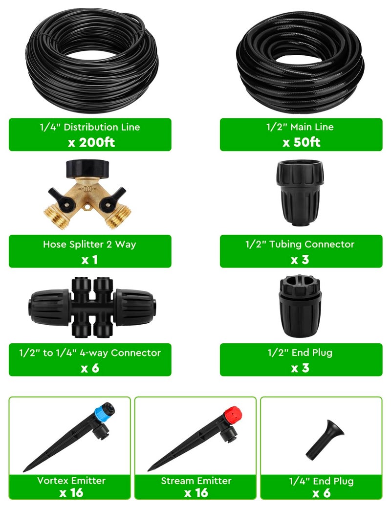 Landtouch 250FT Drip Irrigation System for Garden - 50FT 1/2" Main Tube & 200FT 1/4" Branch Tubing, Brass Splitter, Quick Connect Design, Perfect for Outdoor Plants, Raised Beds, Greenhouses - Image 2