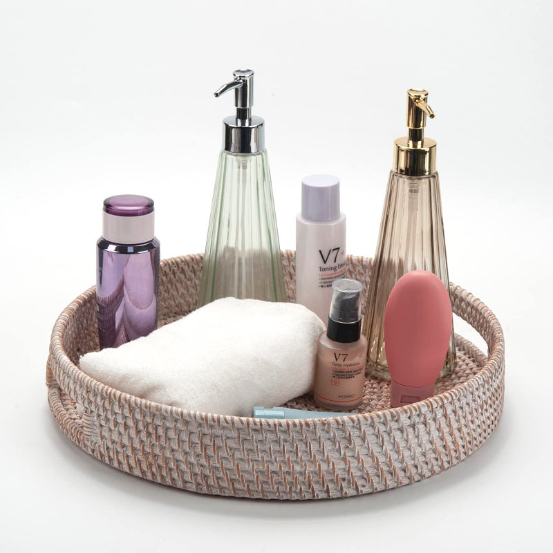 DECRAFTS Coffee Table Tray Round Rattan Ottoman Tray Woven Serving Trays with Handles for Home and Kitchen Decorative Whitewash (Large 16.9 inch) - Image 5