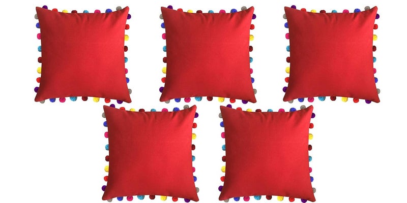 Lushomes Cushion Cover 24x24 Boho Cushion Covers Sofa Pillow Cover Cushion Covers with Tassels Cushion Cover with pom pom 24x24 Inches Set of 5Red - Image 1