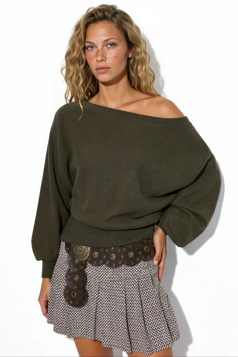 BUSEM Women's Ribbed Crew Neck Sweater