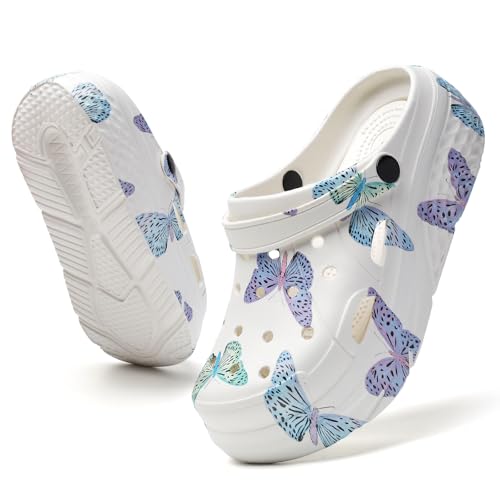 SECHRITE Womens Platform Graphic Clogs Garden Shoes Slip On Sandals Water Beach Outdoor Slippers Shoes Classic Waterproof Comfy Non-Slip Clogs White Butterfly Print 37 - Image 4