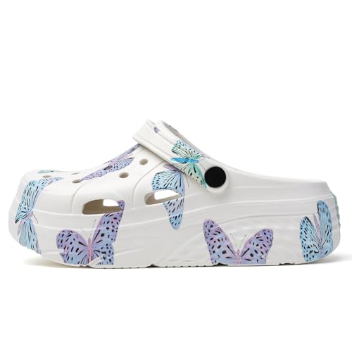 SECHRITE Womens Platform Graphic Clogs Garden Shoes Slip On Sandals Water Beach Outdoor Slippers Shoes Classic Waterproof Comfy Non-Slip Clogs White Butterfly Print 37 - Image 2