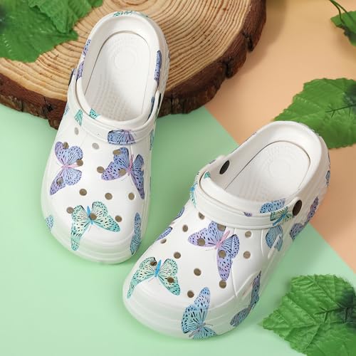 SECHRITE Womens Platform Graphic Clogs Garden Shoes Slip On Sandals Water Beach Outdoor Slippers Shoes Classic Waterproof Comfy Non-Slip Clogs White Butterfly Print 37 - Image 5