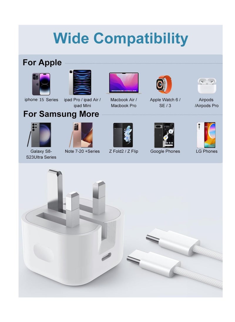 Anmi - 2 Pack 20W USB C Fast Charger with 2m Cable, UK Wall Plug Adapters and Durable Nylon Braided Type C to C Charging Cable for iPhone16 15 Plus Pro Max, iPad Pro Ari Mini. - Image 1