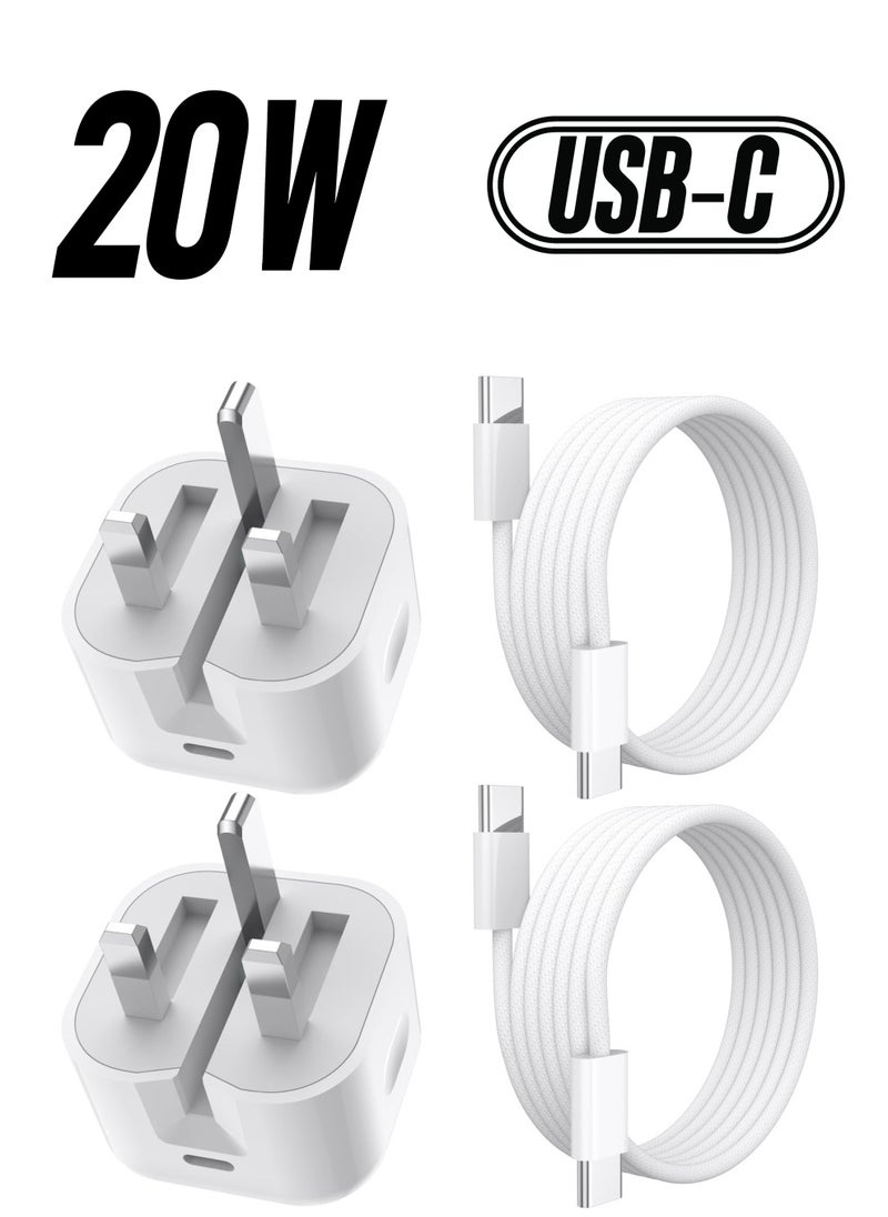 Anmi - 2 Pack 20W USB C Fast Charger with 2m Cable, UK Wall Plug Adapters and Durable Nylon Braided Type C to C Charging Cable for iPhone16 15 Plus Pro Max, iPad Pro Ari Mini. - Image 1