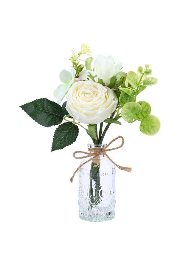 AFRITEE Centerpiece Table Artificial Flowers - Faux White Rose Flower Bouquet with Transparent Vase, Home Indoor Dining Room Wedding Centerpieces Coffee Table Decor - Image 1