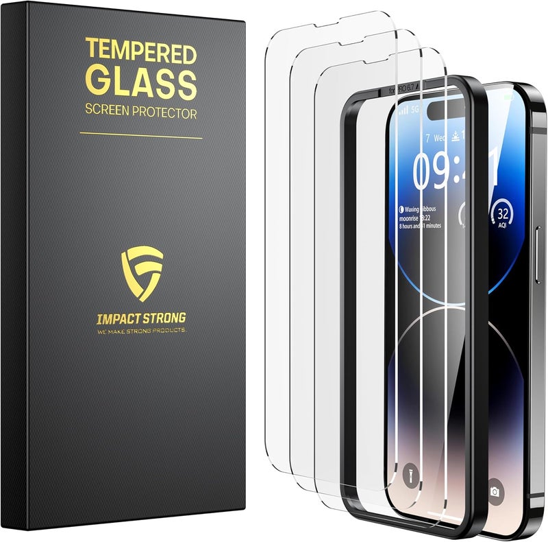 ImpactStrong 3-Pack Shatterproof Tempered Glass Screen Protector for iPhone 14 Pro [Easy Installation Frame] [Bubble Free] [9H Hardness] [Full Coverage] Case Friendly, 6.1 Inch - Image 1