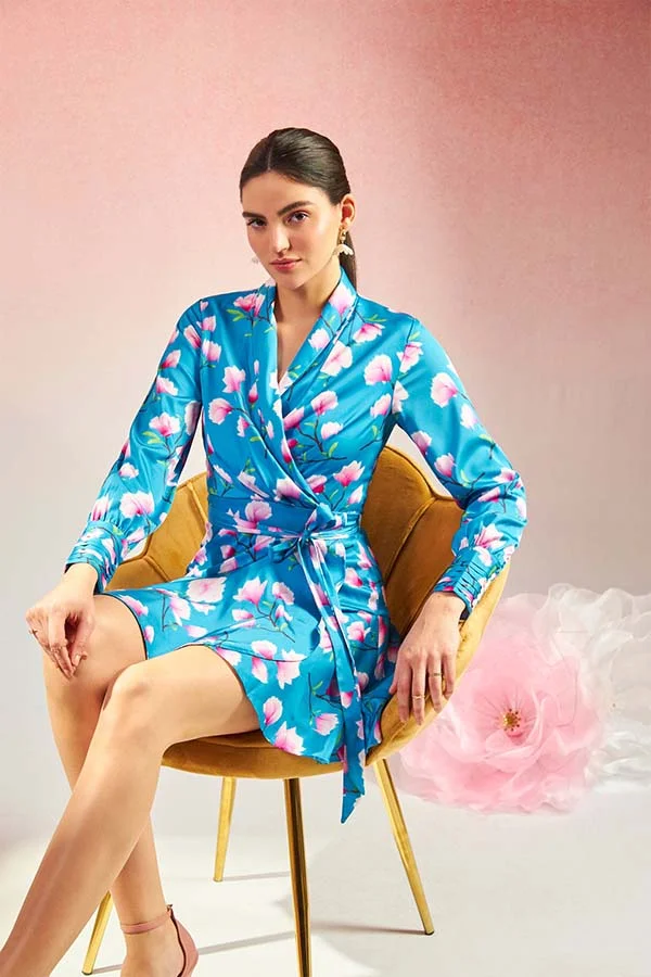 Virgio Satin Tie-Up Floral Dress