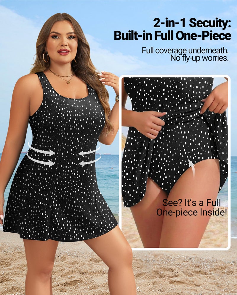 Yonique Plus Size Swim Dress - One Piece Swimsuit for Women Tummy Control Bathing Suit Modest Skirted Swimwear 2025 Black Dot 18 Plus - Image 4
