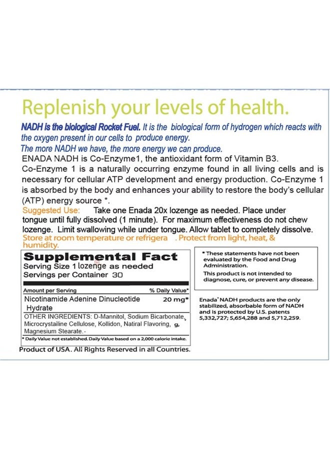 ENADA 20 X Nadh Supplement | Boost Energy, Mental Focus, Stamina | Support Fatigue, Cell Regenerator | 20Mg Nadh 30 Lozenges (1 Per Serving) | Natural Energy Supplements For Women And Men - Image 2