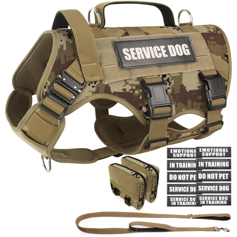 WINSEE Tactical Dog Harness with Dog Leash, Service Working MOLLE Vest with 10 Pet Patches for Dog, No Pull Military Harness and Backpack for Training Hunting Walking - Image 1