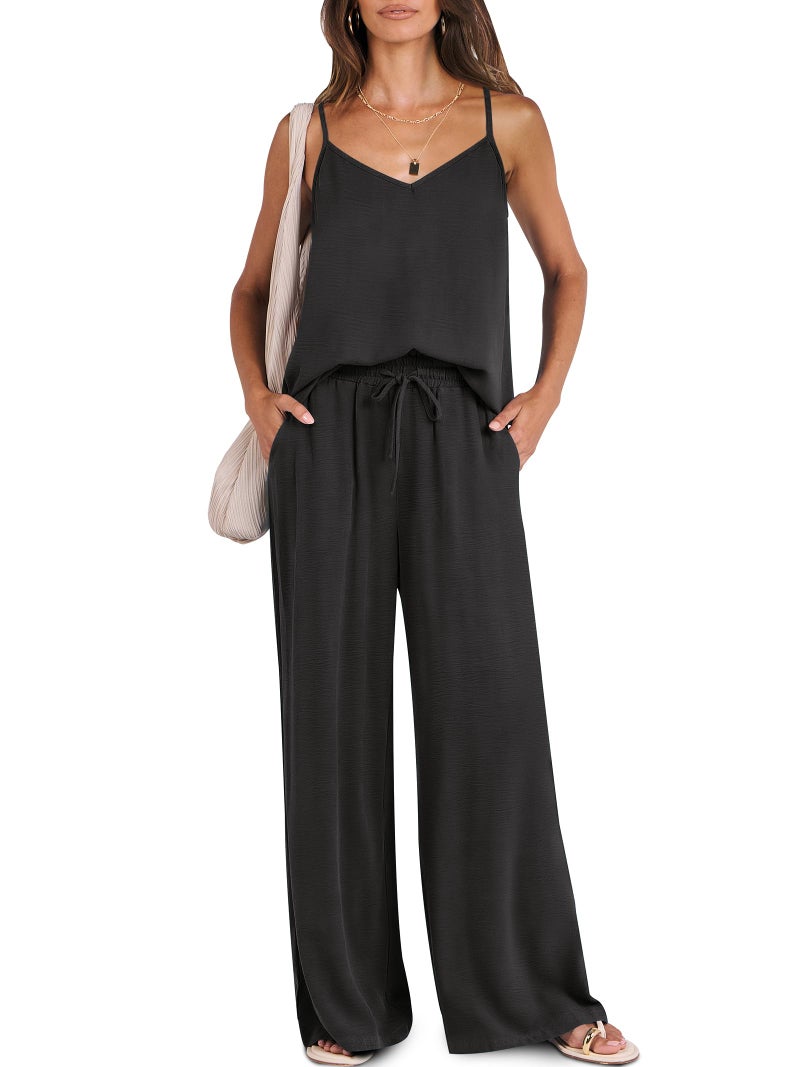 Caracilia Women Summer 2 Piece Lounge Sets Outfits Casual Matching Tank Top Wide Leg Pants Set Travel Beach Vacation Clothes Black Medium - Image 1