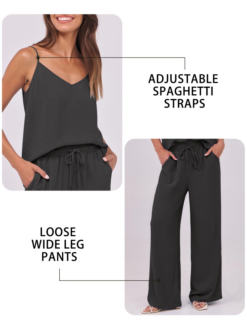 Caracilia Women Summer 2 Piece Lounge Sets Outfits Casual Matching Tank Top Wide Leg Pants Set Travel Beach Vacation Clothes Black Medium - Image 5