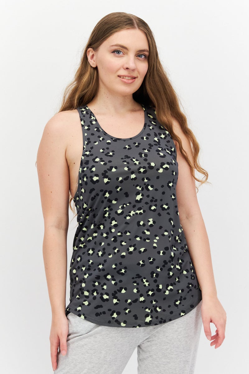 Etam Women Round Neck Sleeveless Allover Print Racer Back Tank Top, Olive Combo  - Image 1