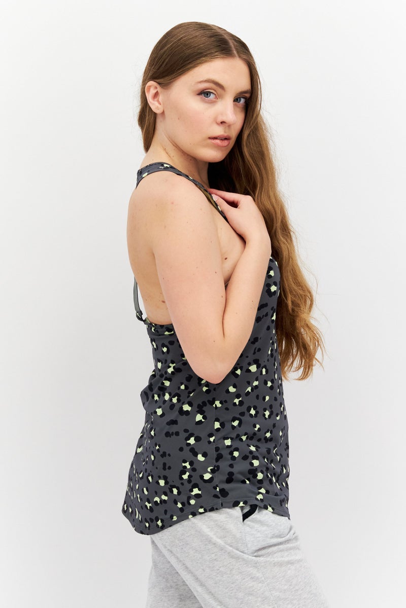 Etam Women Round Neck Sleeveless Allover Print Racer Back Tank Top, Olive Combo  - Image 2