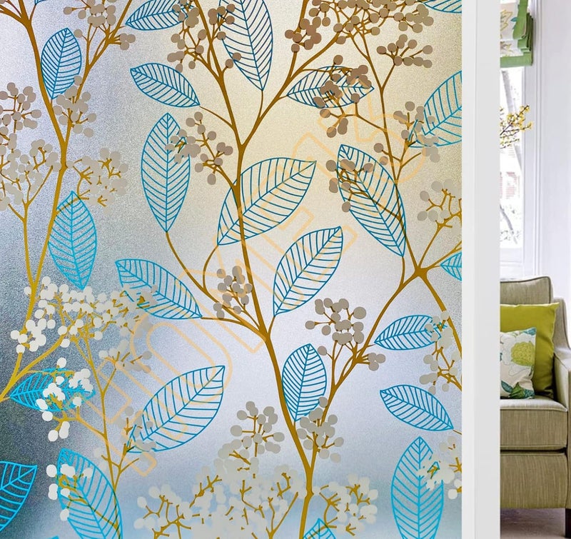 HOME13 Blue Leaf Frosted Window Film Anti UV Privacy Self Adhesive Window Glass Sticker for Home & Offie (16"x148" Inch, Blue Leaves Frosted) - Image 1