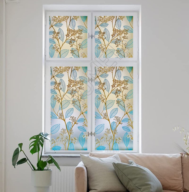 HOME13 Blue Leaf Frosted Window Film Anti UV Privacy Self Adhesive Window Glass Sticker for Home & Offie (16"x148" Inch, Blue Leaves Frosted) - Image 2