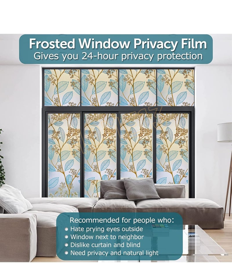 HOME13 Blue Leaf Frosted Window Film Anti UV Privacy Self Adhesive Window Glass Sticker for Home & Offie (16"x148" Inch, Blue Leaves Frosted) - Image 5