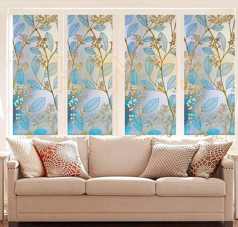 HOME13 Blue Leaf Frosted Window Film Anti UV Privacy Self Adhesive Window Glass Sticker for Home & Offie (16"x148" Inch, Blue Leaves Frosted) - Image 3