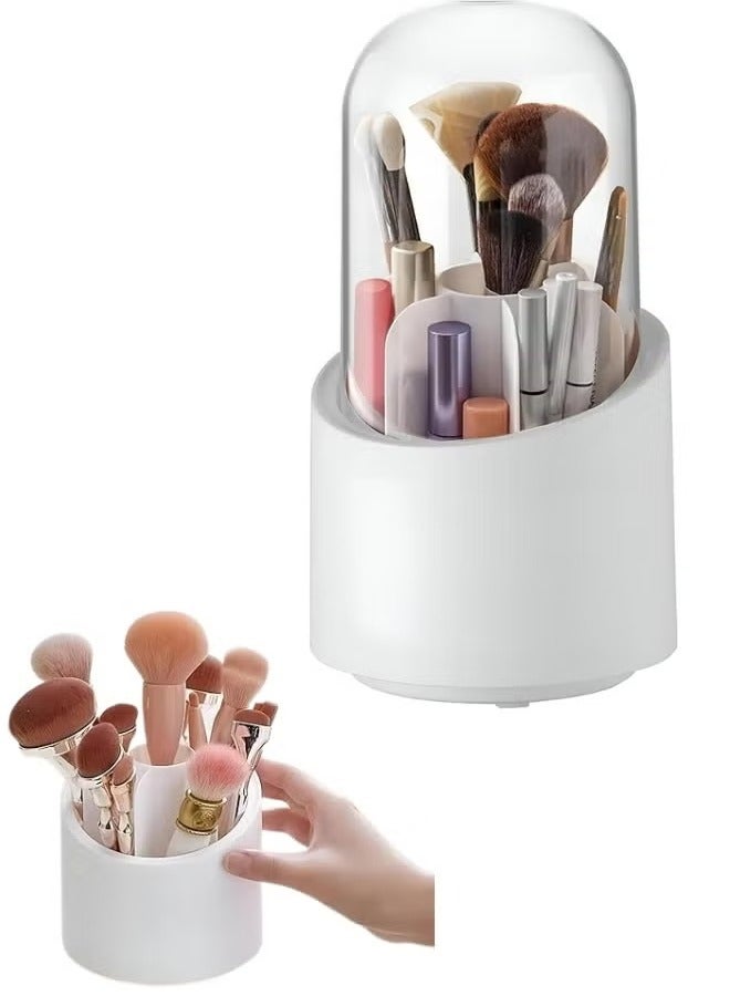 Generic Cosmetic Brush Organizer with Lid 360 Degree Rotating Makeup Holder Dustproof Storage Container for Brushes Perfect Display Case for Makeup and Beauty Products - White - Image 1