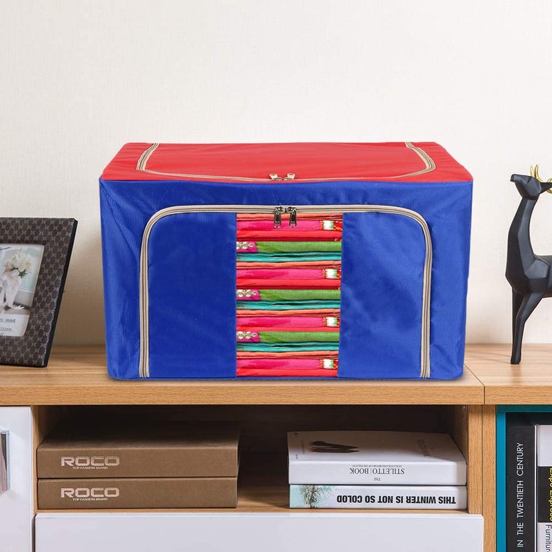 Kuber Industries Steel Frame Living Box Closet Organizer Cloth Storage Boxes for Wardrobe with Clear Window 66Ltr Red Blue44LUG0310 - Image 4
