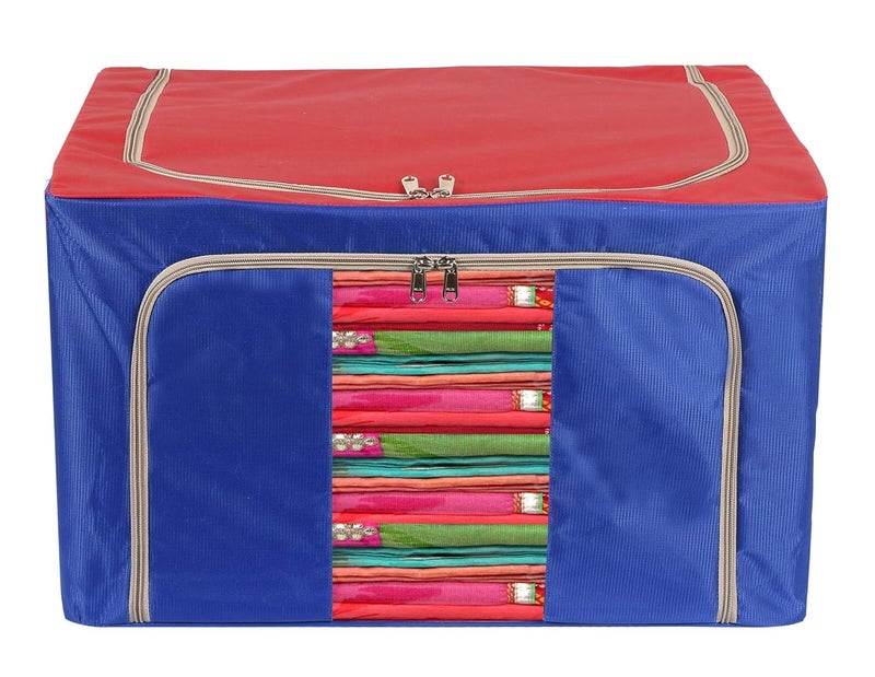 Kuber Industries Steel Frame Living Box Closet Organizer Cloth Storage Boxes for Wardrobe with Clear Window 66Ltr Red Blue44LUG0310 - Image 1