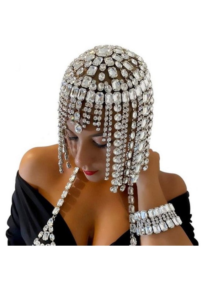 STONEFANS STONEFANS Vintage 1920s Rhinestone Headpiece Cap for Women Crystal Flapper Head Chain Hairpieces Gatsby Cleopatra Hair Accessories Silver  - Image 1