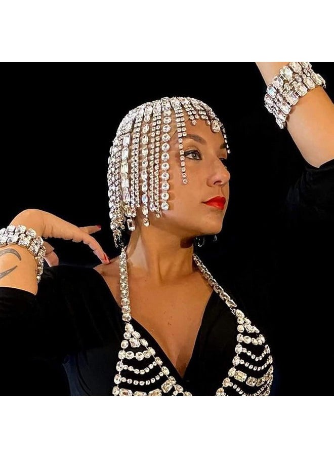STONEFANS STONEFANS Vintage 1920s Rhinestone Headpiece Cap for Women Crystal Flapper Head Chain Hairpieces Gatsby Cleopatra Hair Accessories Silver  - Image 5