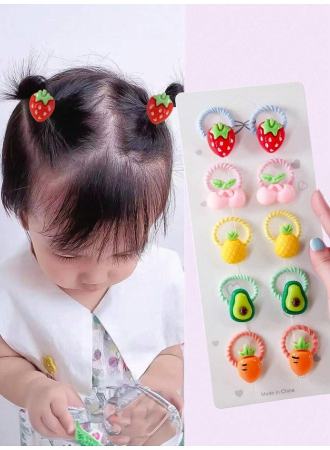 Kids Fruit Hair Ties Set – Cute Strawberry, Cherry, Pineapple & Avocado Elastic Bands for Girls, Soft No-Damage Baby Ponytail Holders (10 pcs) - Image 1