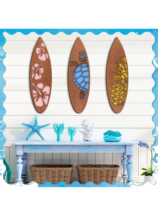 تاتو 3 قطع لوح ركوب الأمواج لافتة حائط خشبية ديكور الشاطئ هاواي زهرة الكركديه الاستوائية ديكور الحائط بار أناناس سلحفاة بحرية لافتة باب كهدية حفلة عيد الميلاد (هاواي، 15.75 × 4.46 × 0.2 بوصة) - Image 2