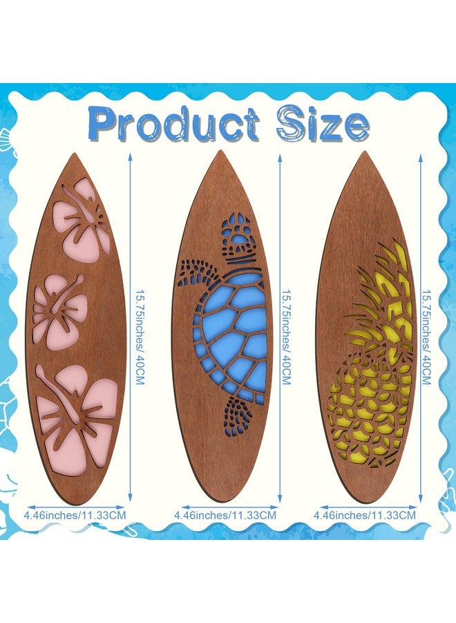 تاتو 3 قطع لوح ركوب الأمواج لافتة حائط خشبية ديكور الشاطئ هاواي زهرة الكركديه الاستوائية ديكور الحائط بار أناناس سلحفاة بحرية لافتة باب كهدية حفلة عيد الميلاد (هاواي، 15.75 × 4.46 × 0.2 بوصة) - Image 3