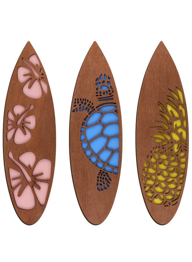 تاتو 3 قطع لوح ركوب الأمواج لافتة حائط خشبية ديكور الشاطئ هاواي زهرة الكركديه الاستوائية ديكور الحائط بار أناناس سلحفاة بحرية لافتة باب كهدية حفلة عيد الميلاد (هاواي، 15.75 × 4.46 × 0.2 بوصة) - Image 1