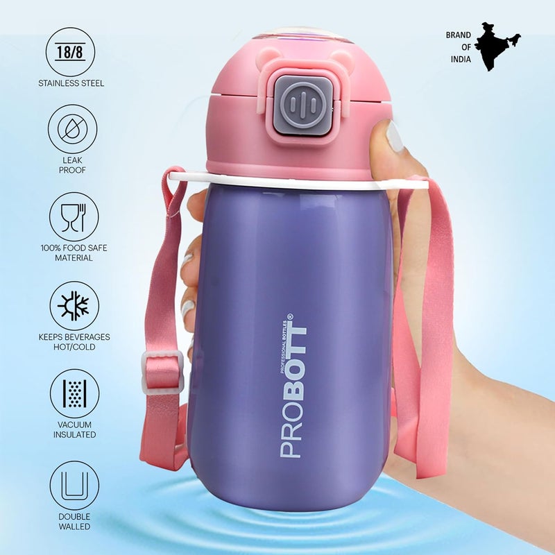 PROBOTT Probott Cutie 320ml Stainless Steel Hot & Cold Water Bottle for 3-5yrs Kids, Purple | Double Walled Vacuum Flask | Sipper Bottle with Straw & Strap for School | Perfect for Toddlers | Leak Proof  - Image 4