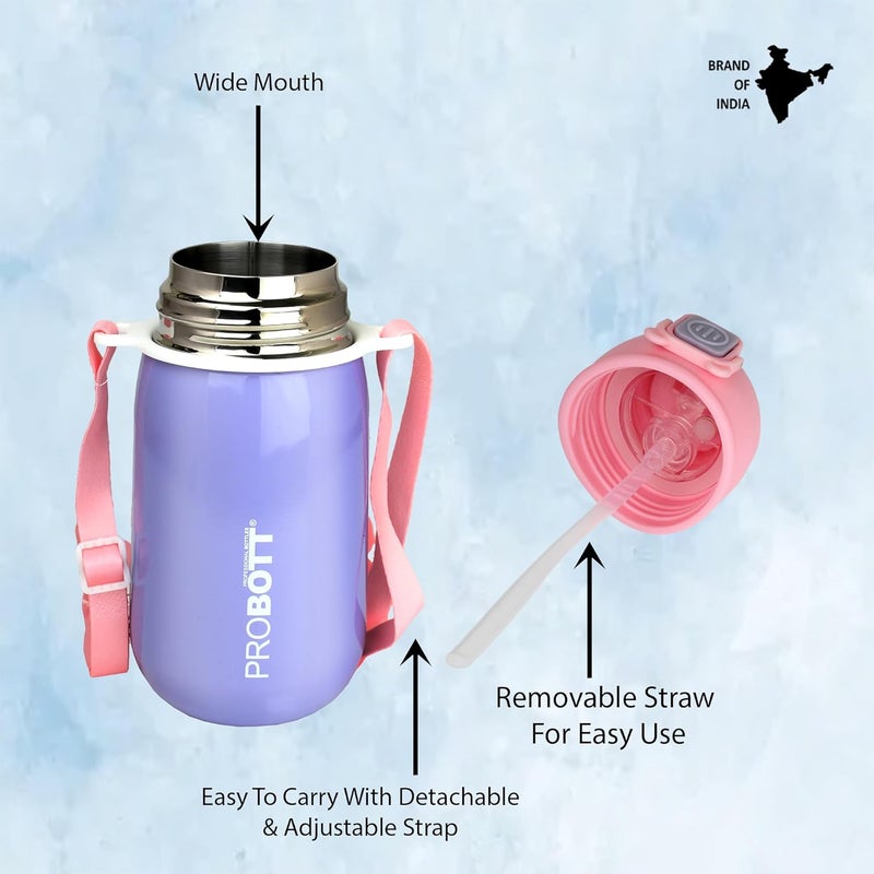 PROBOTT Probott Cutie 320ml Stainless Steel Hot & Cold Water Bottle for 3-5yrs Kids, Purple | Double Walled Vacuum Flask | Sipper Bottle with Straw & Strap for School | Perfect for Toddlers | Leak Proof  - Image 5